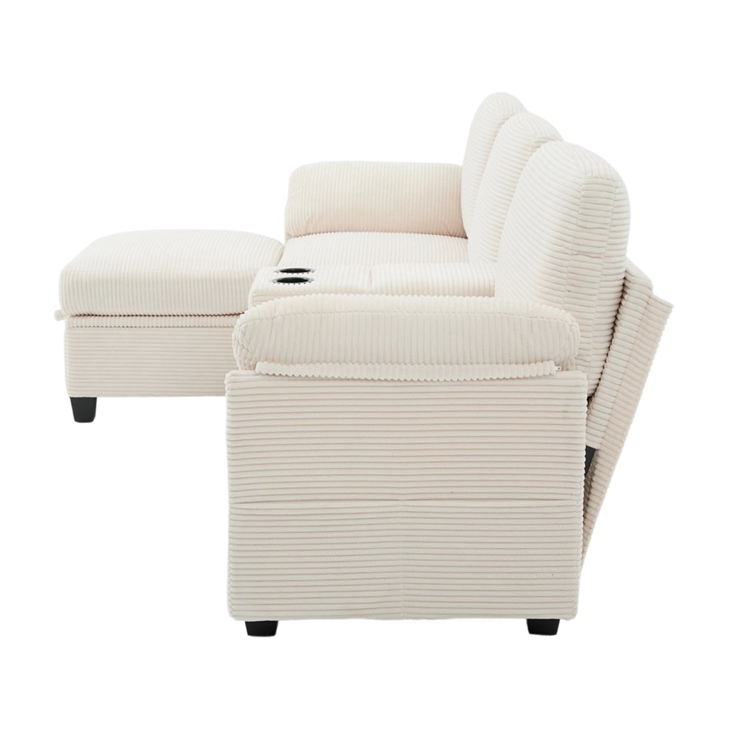 Divano modulare 4 posti - con console scorrevole e pouf contenitore - in velluto a coste beige