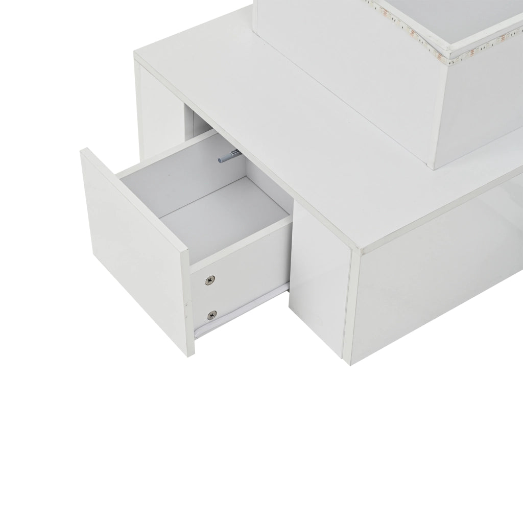 Tavolino da salotto 100x50x40 cm; piano rialzabile con LED e 4 cassetti; MDF bianco
