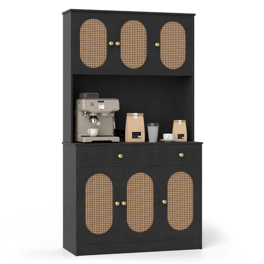 Credenza indipendente boho per soggiorno con 6 ante in rattan 2 cassetti, Mobile dispensa 180 cm con vetrina Nero-Credenze buffet