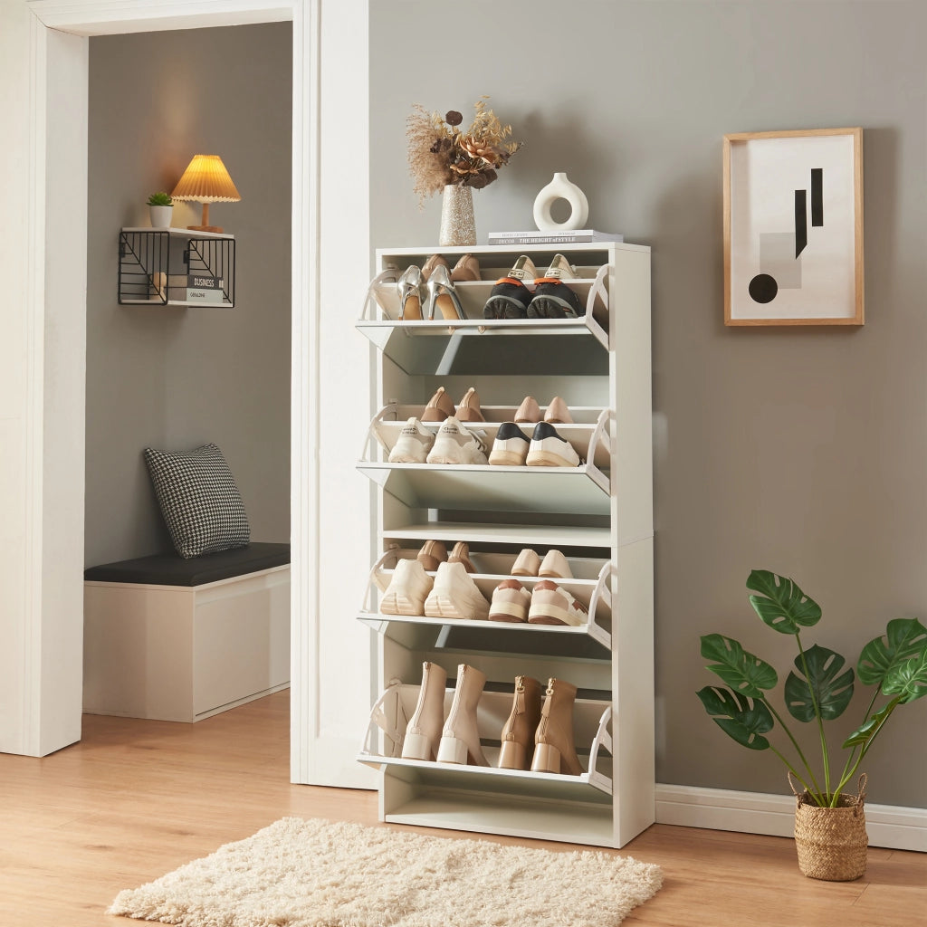 Scarpiera Stretta Lund con Ante a Specchio e 4 Contenitori Ribaltabili - Bianco [en.casa]