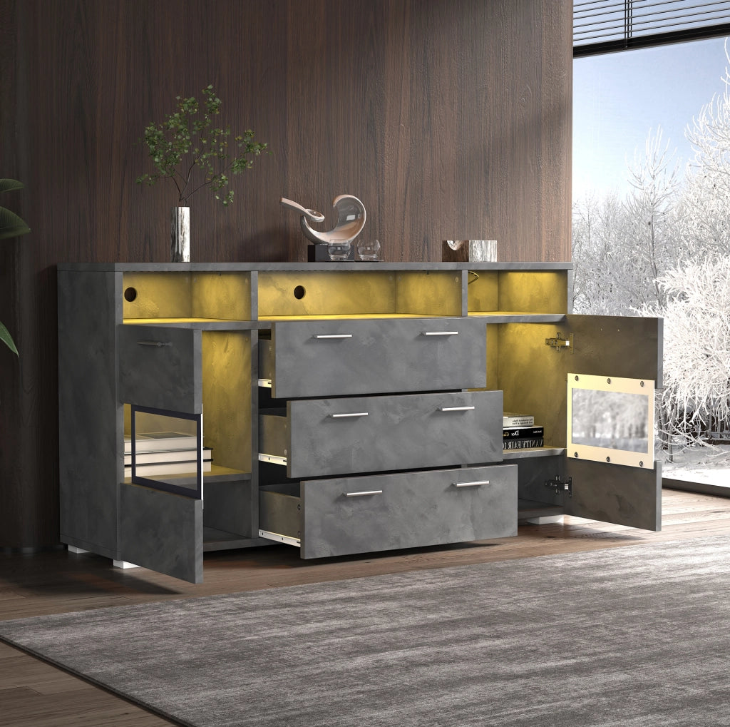 Sideboard grigio 140 cm con LED; 2 ante in acrilico; 3 cassetti e 3 vani aperti