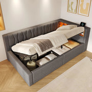 Letto da giorno 90x200 con contenitore; LED dimmerabile; ripiani e USB; lino e MDF; beige