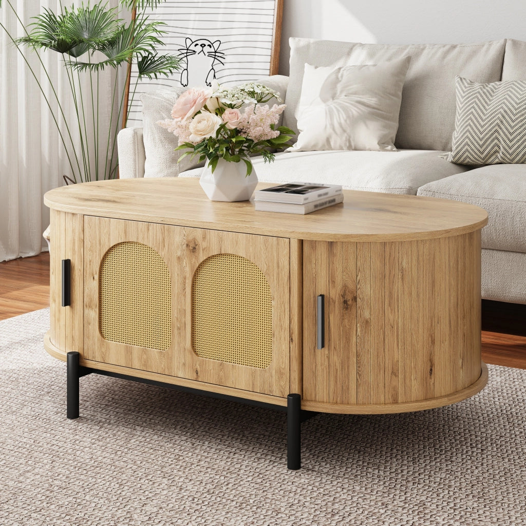 Tavolino da salotto ovale con 3 ante scorrevoli in rattan; vano contenitore; per soggiorno; MDF naturale 100 × 50 × 40 cm