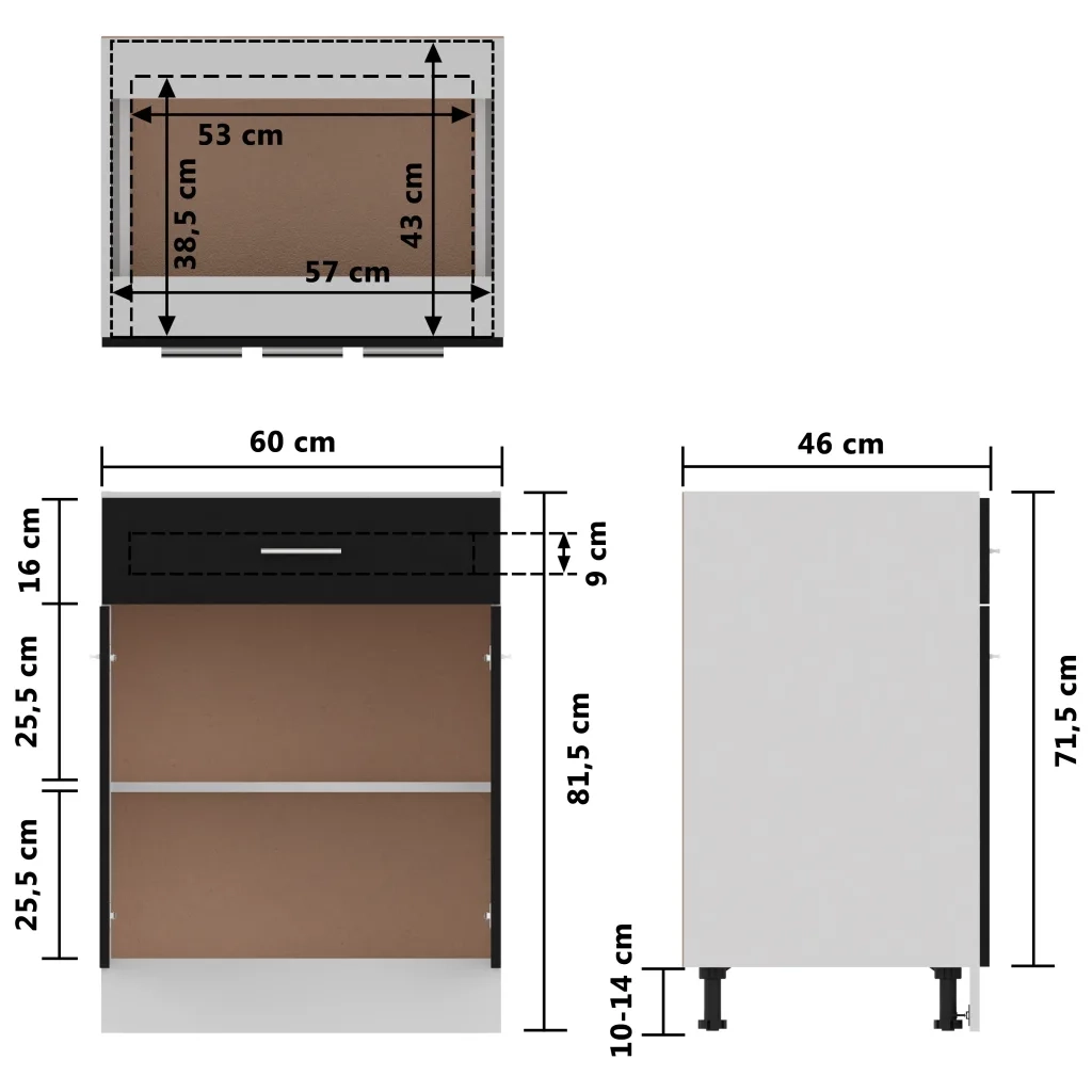 Mobiletto da cucina semplice con cassetti 60 x 46 x 81 cm design moderno pratico contenitore legno nero 02_0047664