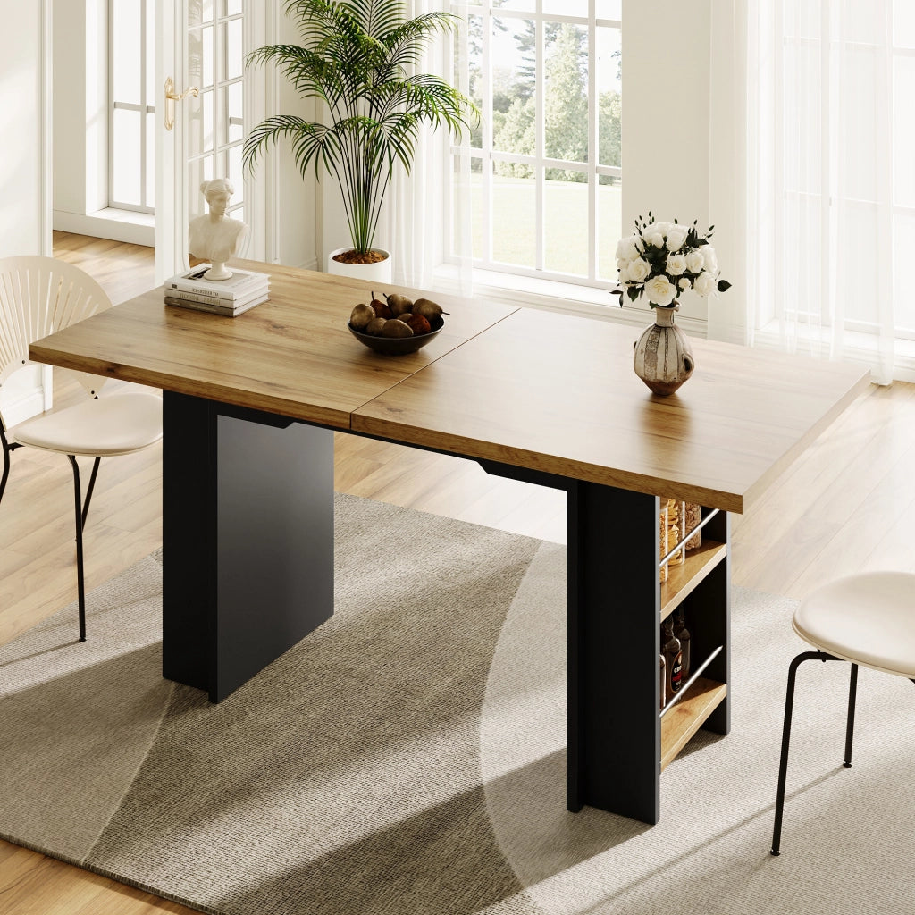 Tavolo da pranzo - telescopico 120-160x80 cm - con ripiani - legno naturale - per cucina e soggiorno