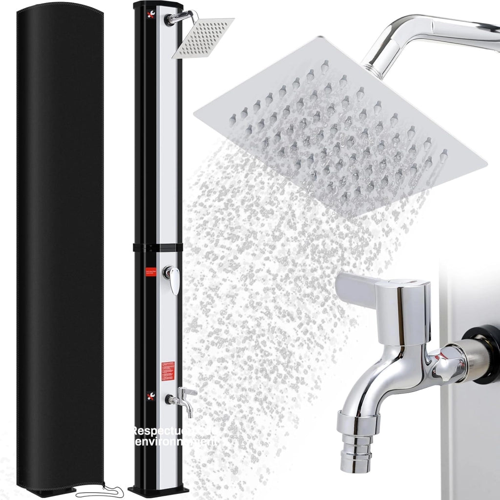 Doccia Solare 60 L, Doccia Solare da Giardino, con Soffione a Pioggia, Rubinetto, Attacco per Tubo da Giardino e Custodia Protettiva, Doccia per Piscina Senza Elettricità, Acqua Calda fino a 60 °C
