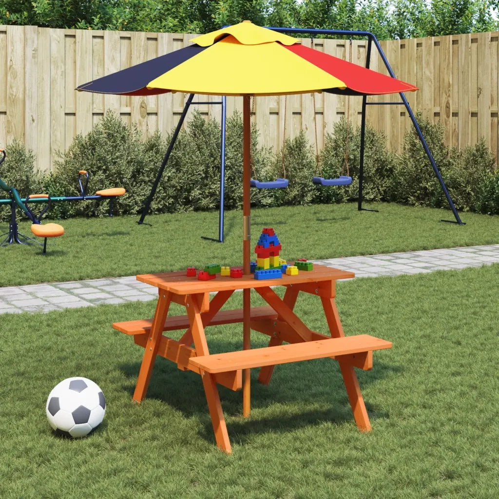 vidaXL Tavolo da Picnic per 4 Bambini con Ombrellone Legno di Abete