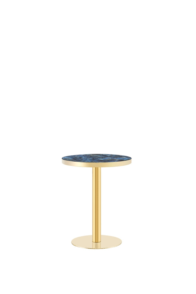 Tavolino basso rotondo con piano effetto marmo e bordo in metallo dorato, per soggiorno e camera da letto, blu, diametro 60 cm