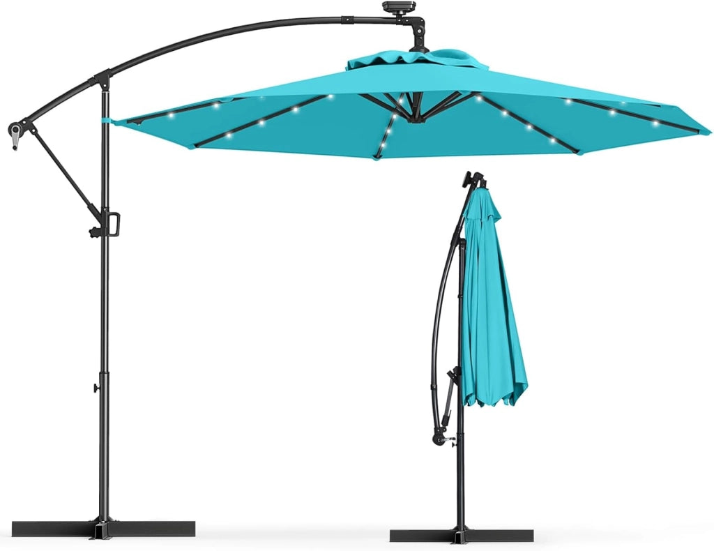 Ombrellone LED da giardino con manovella, ombrellone da terrazza con supporto, rotazione a 360°, pieghevole, inclinabile, ombrellone da 300 cm x 230 cm, per giardino, terrazza, piscina