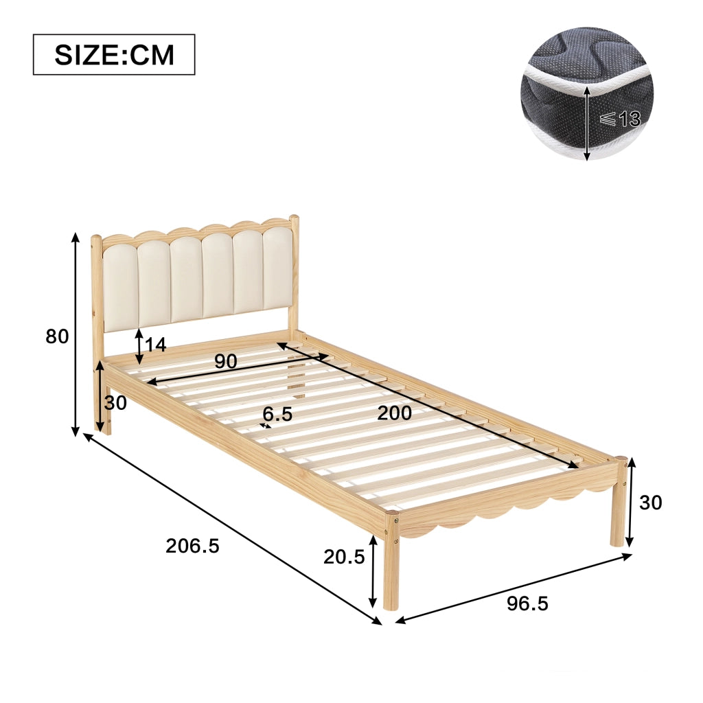 Letto per bambini 90 × 200 cm con testiera in PU, struttura in legno massiccio, senza materasso, beige naturale