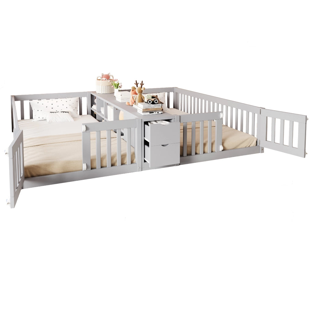 Letto doppio per bambini 90x200 cm con cassetti, grigio