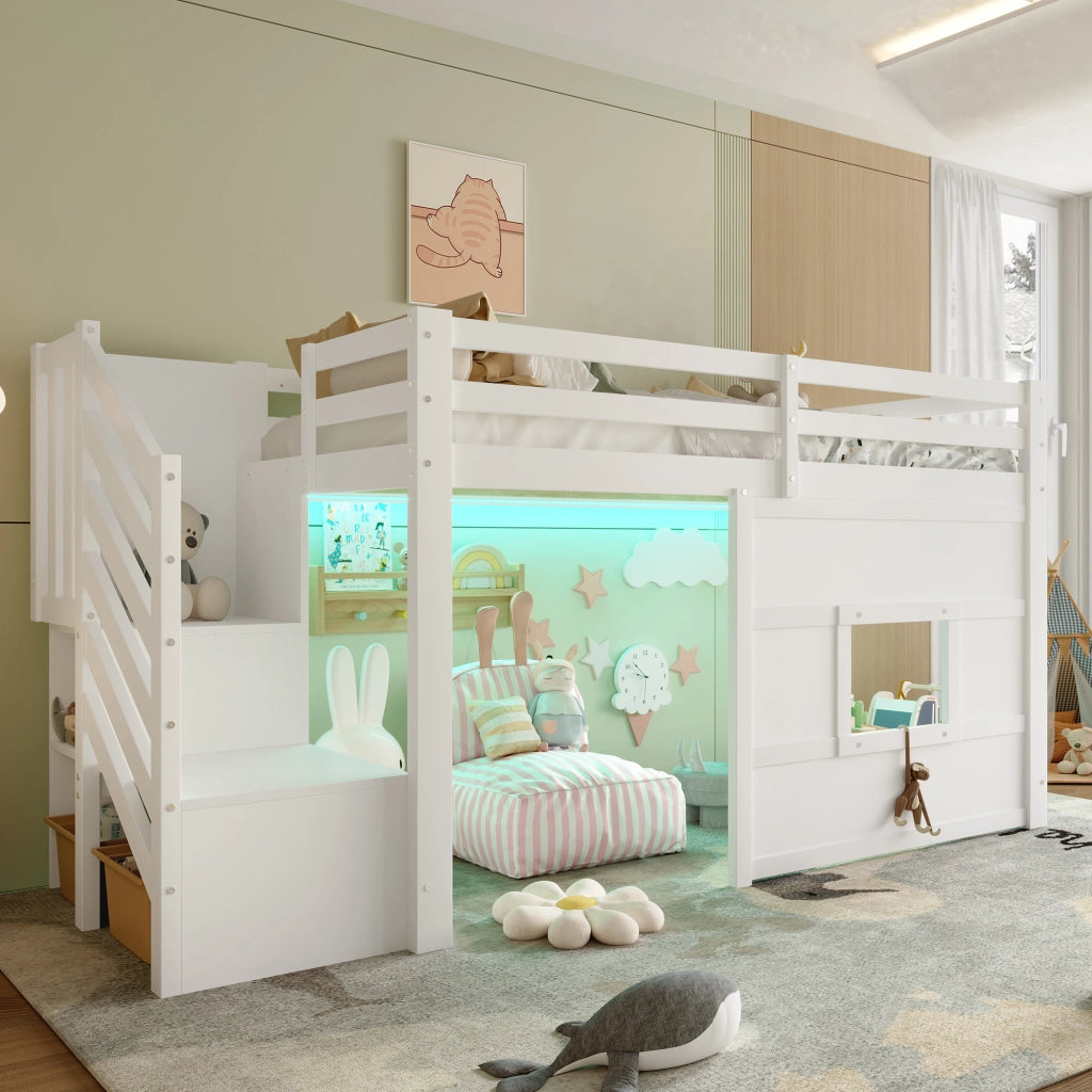 LETTO A CASTELLO 90 x 200 cm con scala contenitore, finestra e LED, Bianco