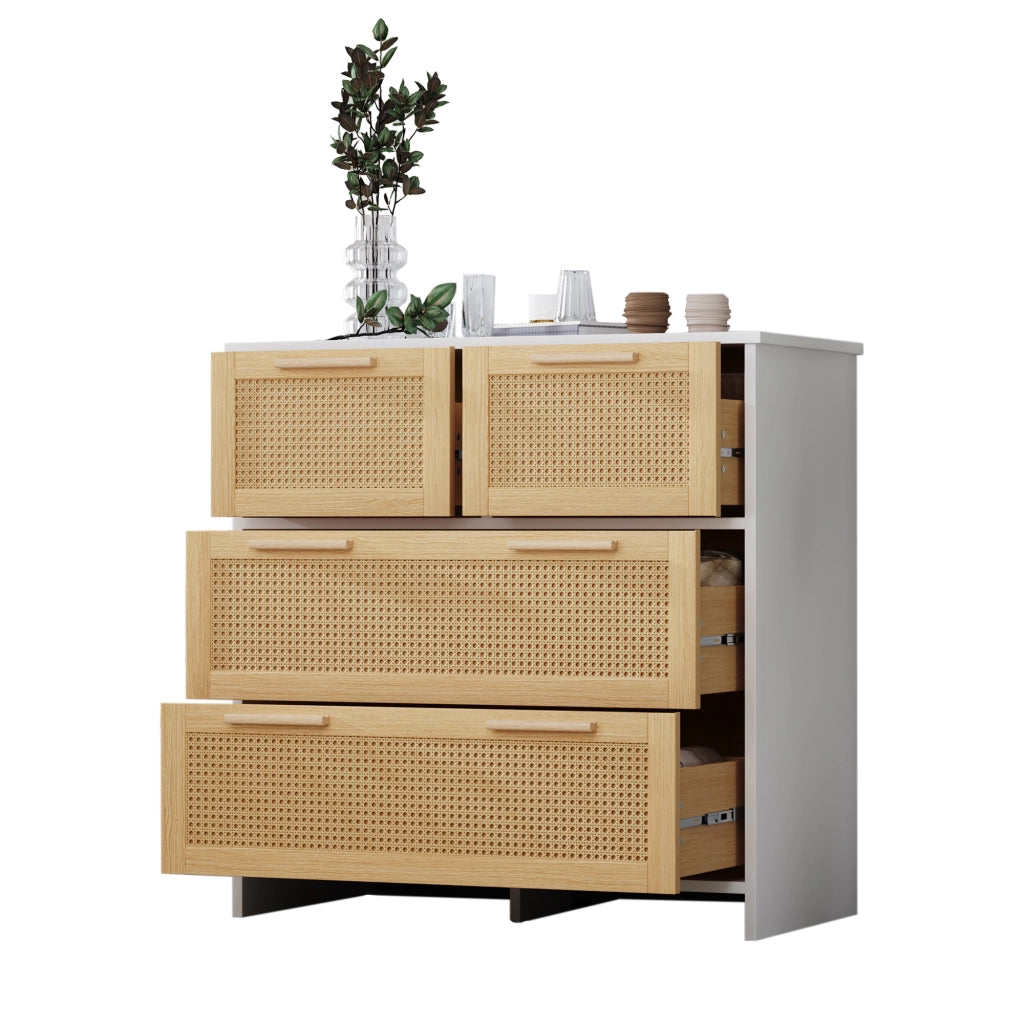 Cassettiera in Rattan con 4 Cassetti e Maniglie in Legno Massello ¨C MINIMAL ¨C 80x38x80 cm