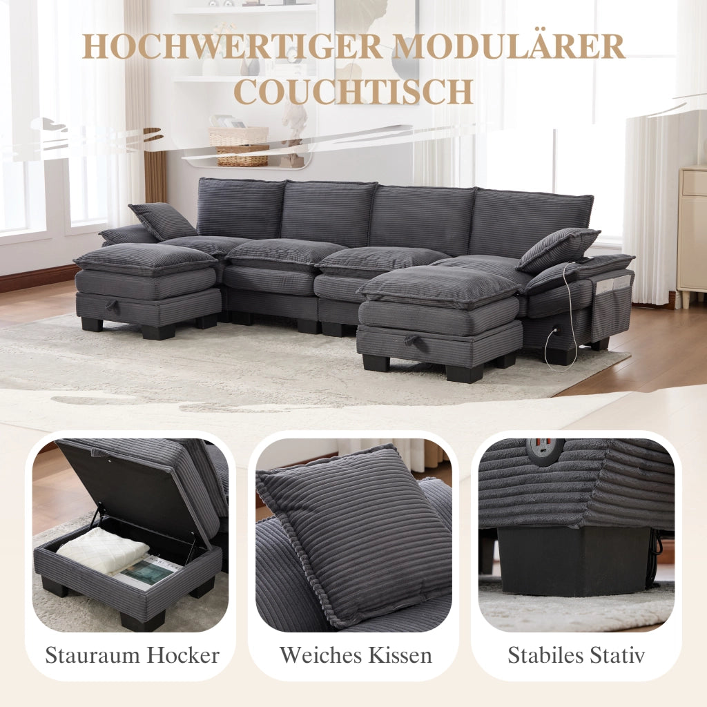 DIVANO modulare 4 posti con 2 pouf 330x132x84 cm velluto a coste grigio scuro