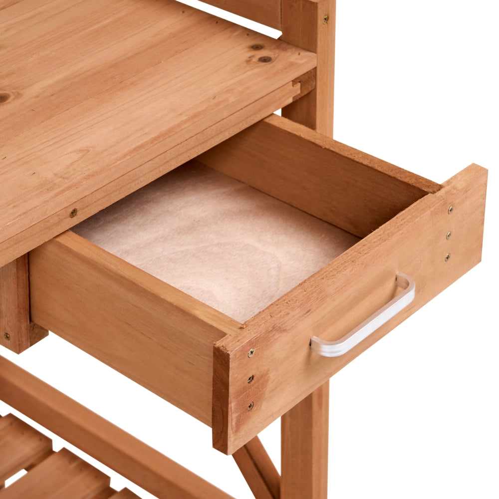 Tavolo da giardinaggio in legno di abete marrone chiaro con ganci in acciaio e cassetto, per riporre gli attrezzi da giardino, in stile rustico