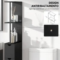 Mobile Colonna Salvaspazio in Legno con Ripiani, Armadietto e Cassetti, Nero, 15x33x136cm