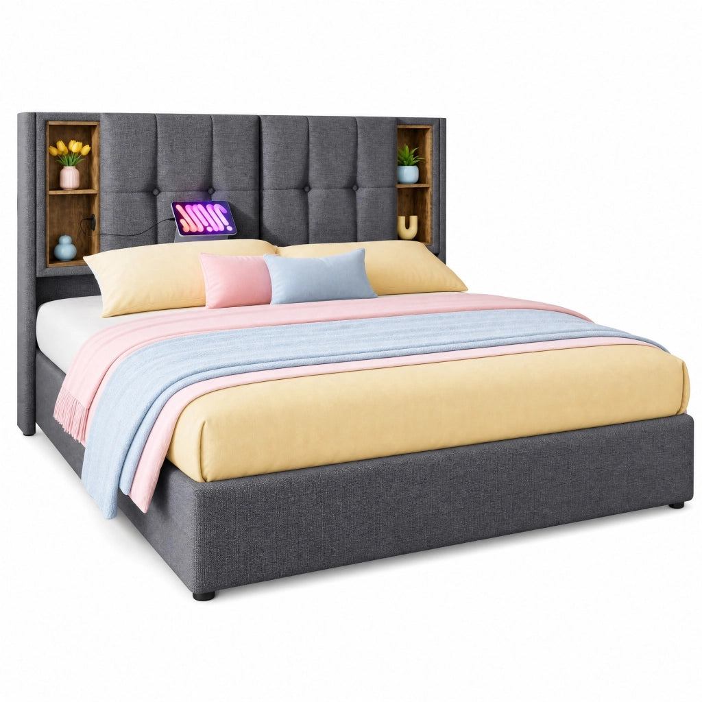 Letto matrimoniale imbottito 160x200 cm grigio con ricarica wireless; USB e contenitore