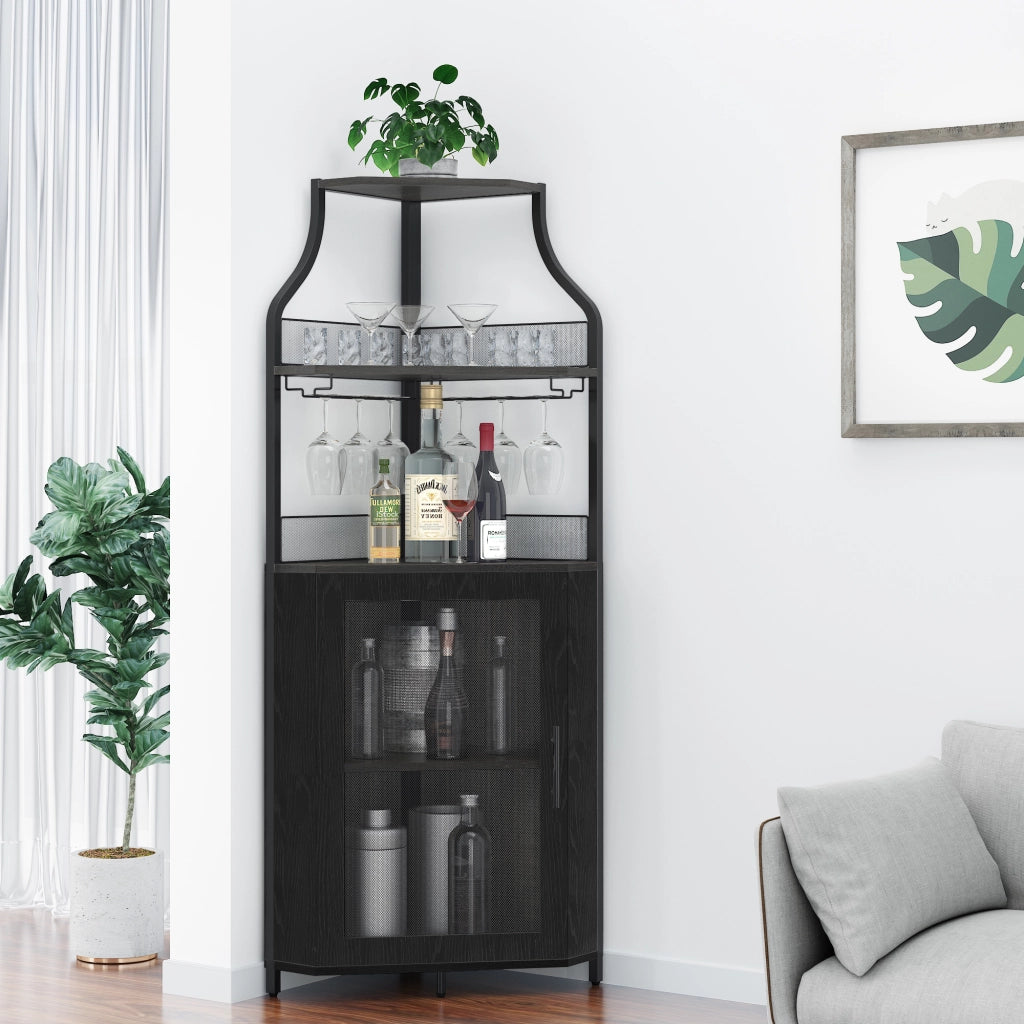 Mobile Bar Angolare Portabottiglie Nero in Metallo e MDF, 154cm