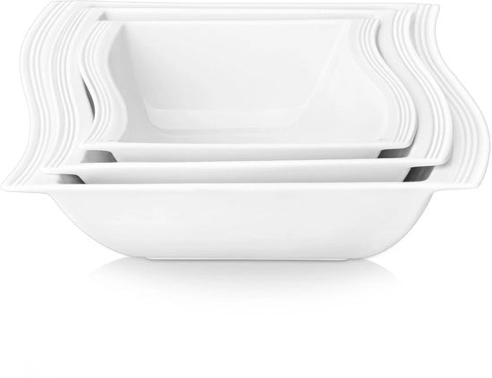 Flora serie, set di 3 piatti in porcellana bianca, 25, 21, 18,5 e 18 cm, zuppiera, insalata, contenitore per cereali e contenitore quadrato