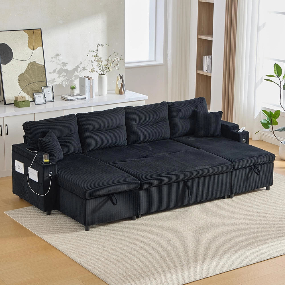 Divano moderno in velluto per 4 persone - Xylo - Chaise longue, spazio di archiviazione, porta bevande, porte USB, funzione letto, Nero
