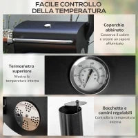 Barbecue a Carbone con Coperchio, Termometro e Camino, Ripiani e Ruote, Nero