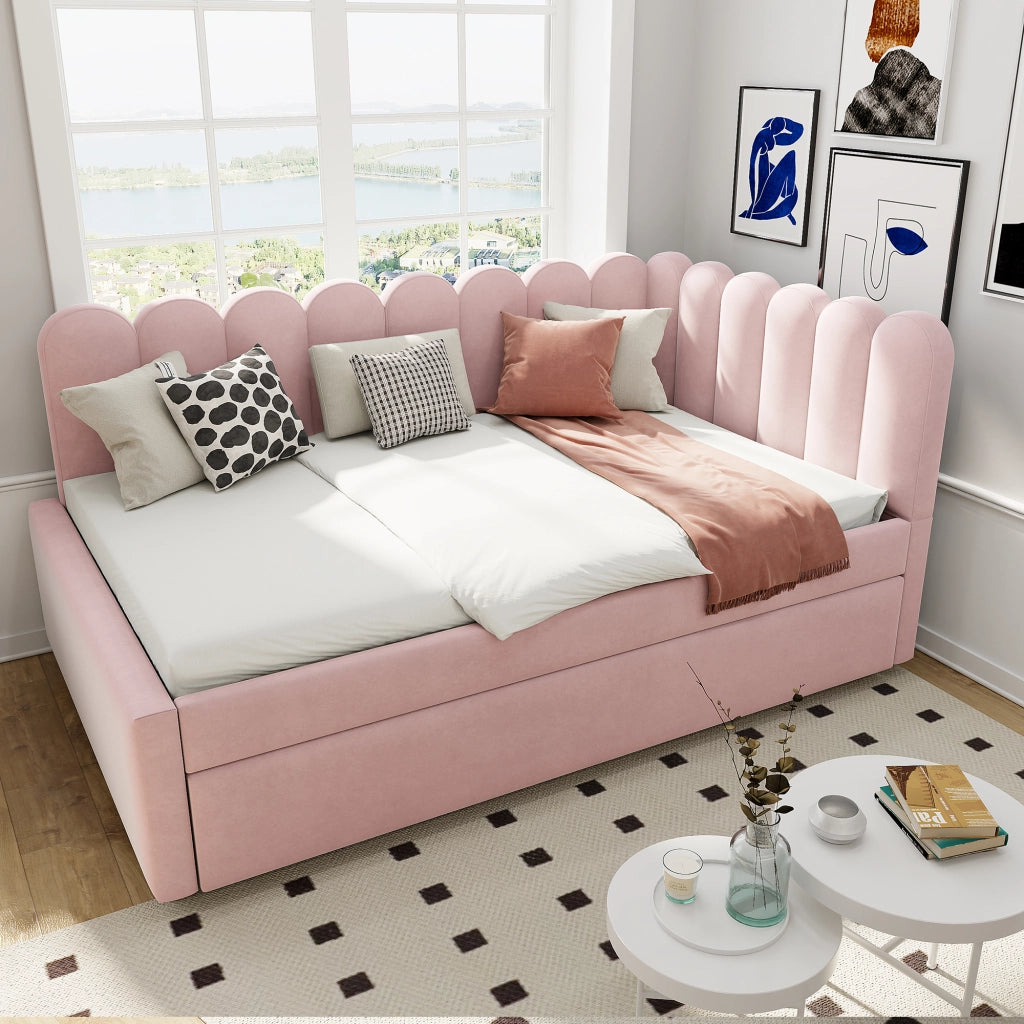 OKWISH Letto a Scomparsa 140×200 cm, Letto Matrimoniale con Letto Estraibile, Design a L e Schienale a Petali, senza Materasso, Rosa