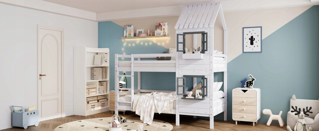Letto a castello 90x200 - Xylo - Bianco con ringhiera e finestra