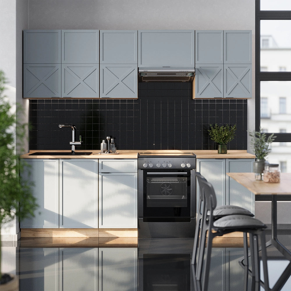 Cucina componibile Fame-Line Blu-grigio chiaro/Rovere dorato 240 cm, PL Marmo Vicco