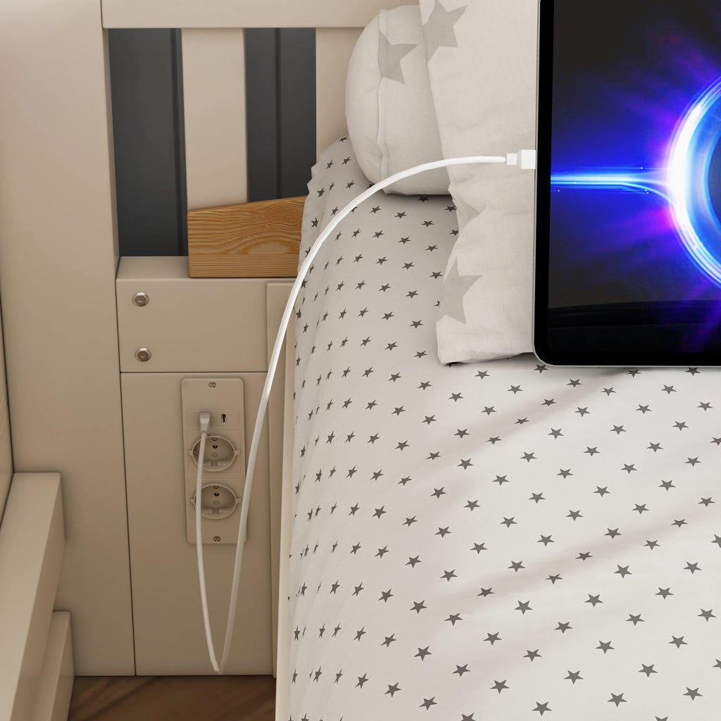 OKWISH Letto a Castello 90×200 cm e 140×200 cm, Letto 3 Posti con Vano Contenitore, Scala con Contenitori, USB e USB C, senza Materasso