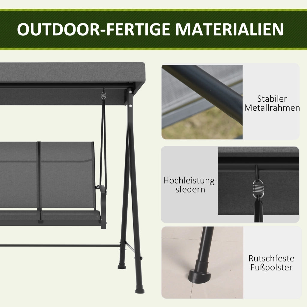 Dondolo da giardino 3 posti con tettuccio regolabile - Xylo - grigio scuro, 200x133x176 cm, portata 240 kg
