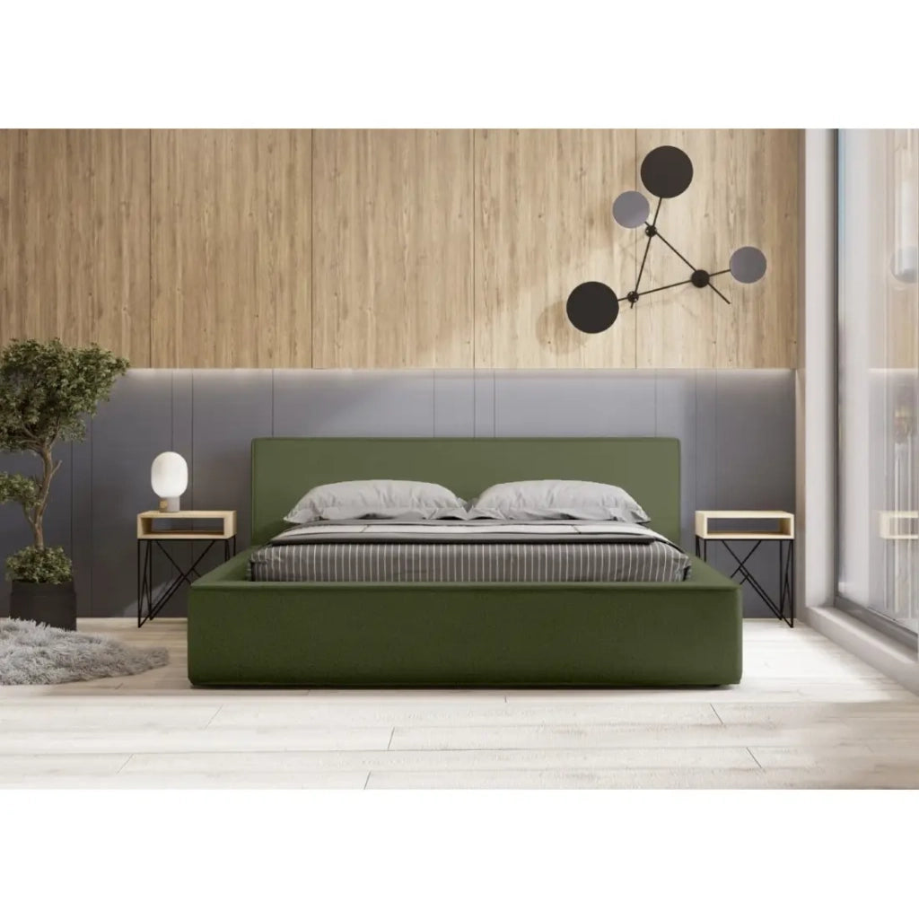 Letto contenitore VELORA – Olive bouclé – 160x200 cm – Tessuto velluto morbido – Rete sollevabile – Contenitore integrato