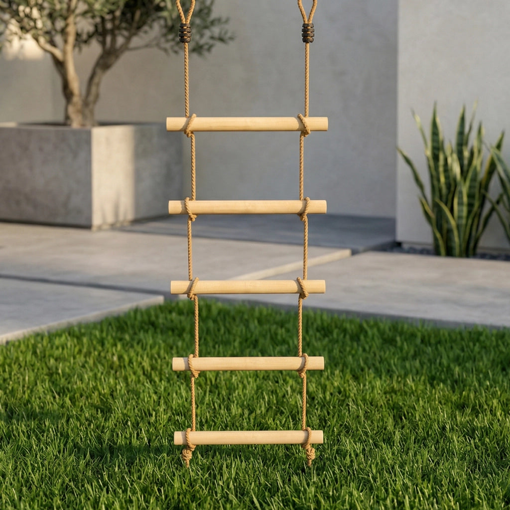 Scaletta per Bambini 3-8 Anni a 5 Pioli con Fibbie e Cinghie in Legno e PE Color Legno