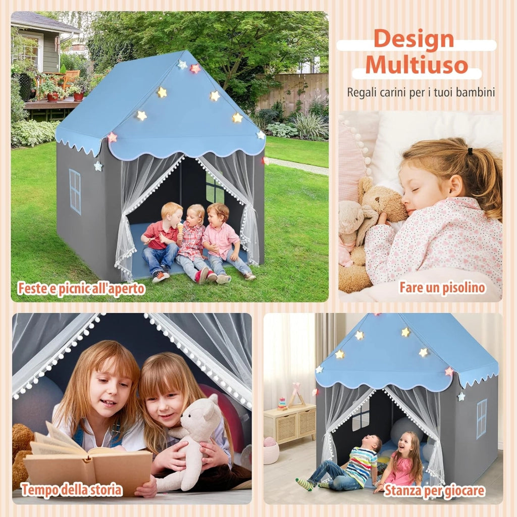 Tenda da Gioco per Bambini, Tenda Castello con Tappetino Lavabile, Luci a Forma di Stella, per Interno ed Esterno, 105 x 121 x 136 cm (Azzurro)