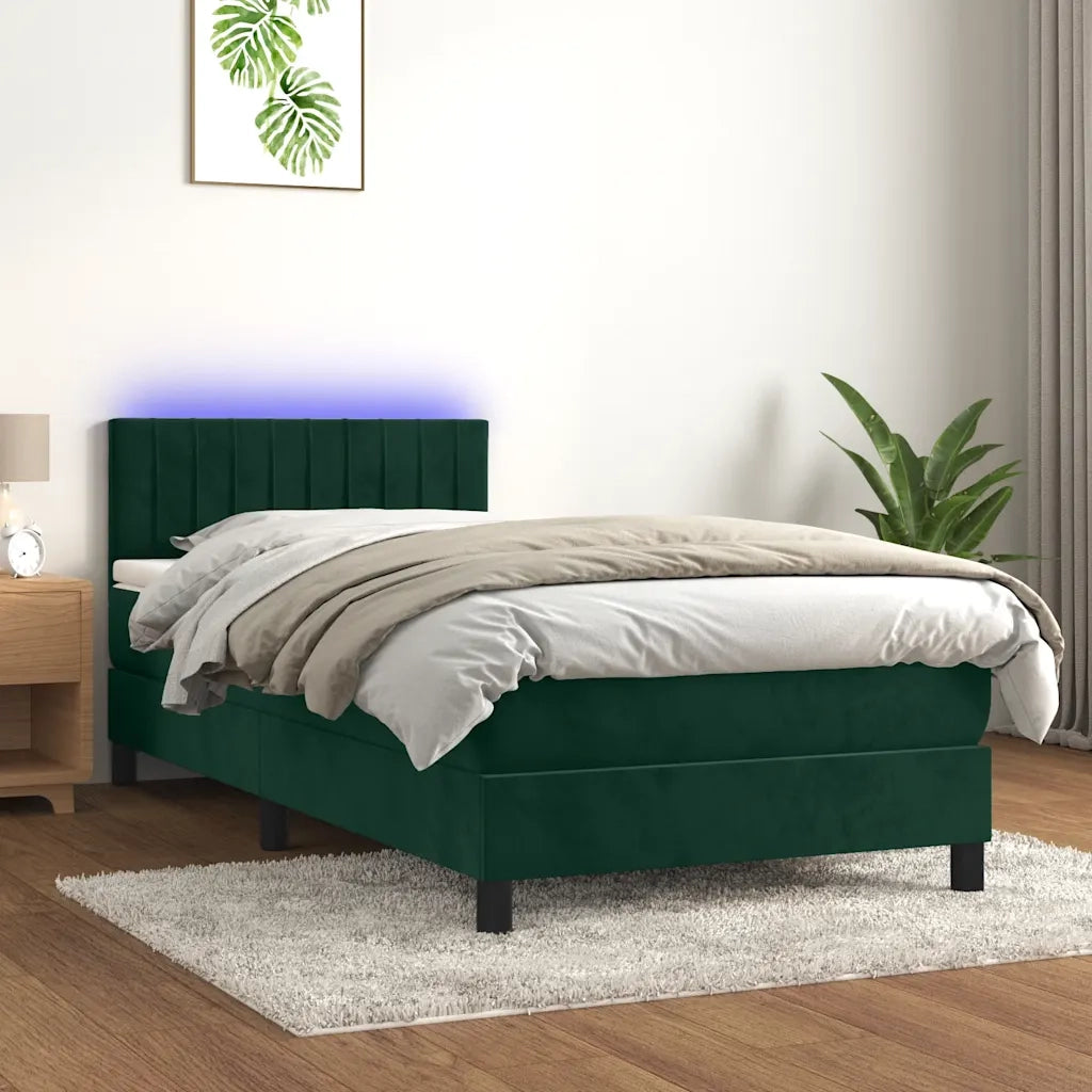 Letto a Molle con Materasso e LED Verde Scuro 90x190 cm Velluto 3134498