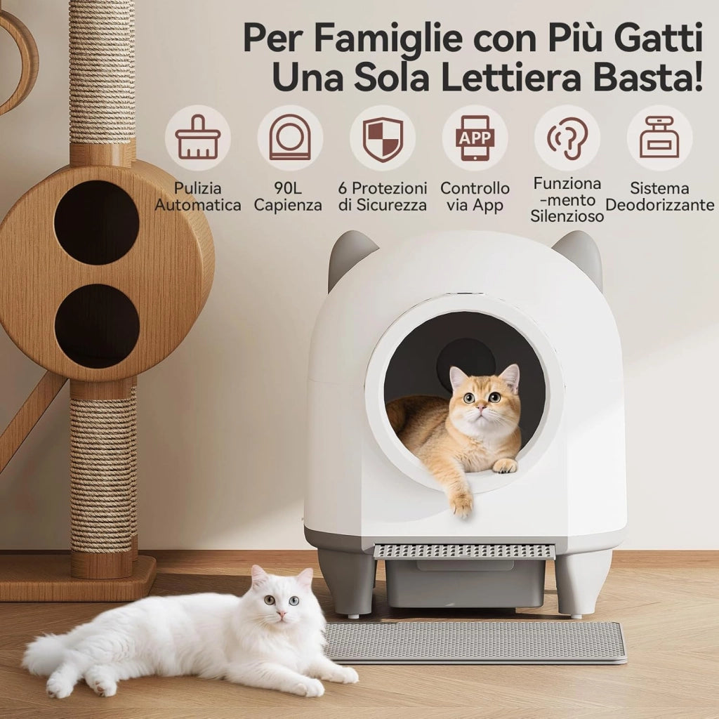 lettiera gatto autopulente,Design con orecchie da gatto,toilette per gatti XXL,Controllo remoto, ampio spazio, Sicurezza,Anti-odore,90L lettiera automatica per felini,Elettrica per più gatti.