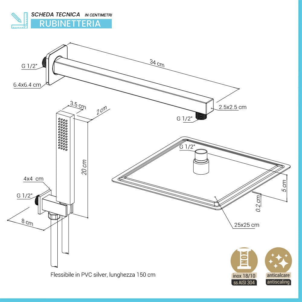 Set doccia in acciaio inox con soffione ultra slim 25x25 cm braccio doccia e kit doccino in ottone cromo lucido