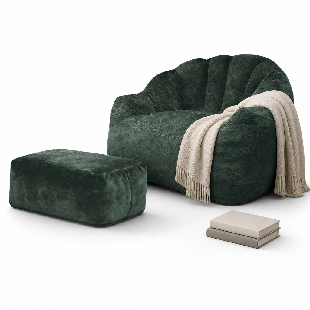 Poltrona singola con pouf, velluto a coste verde scuro, schienale a petalo