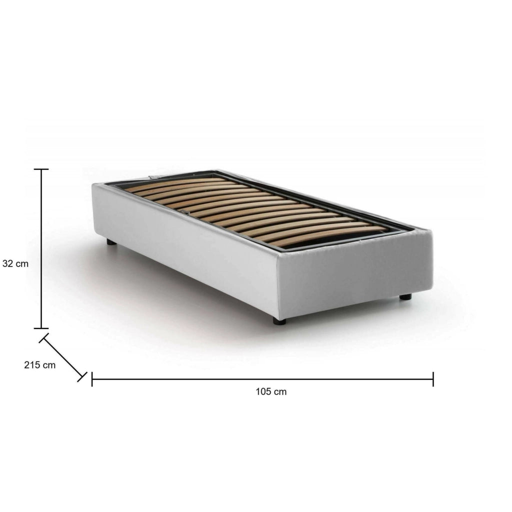Letto singolo Acetico, Letto contenitore con rivestimento in tessuto, Made in Italy, Apertura frontale, adatto per materasso cm 90x200, Bianco