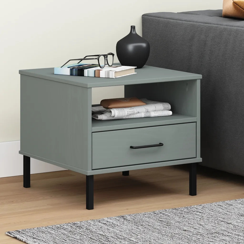 Comodino | Armadio da Notte | Mobiletto da notte con Gambe in Metallo Grigio Legno Massello Pino OSLO