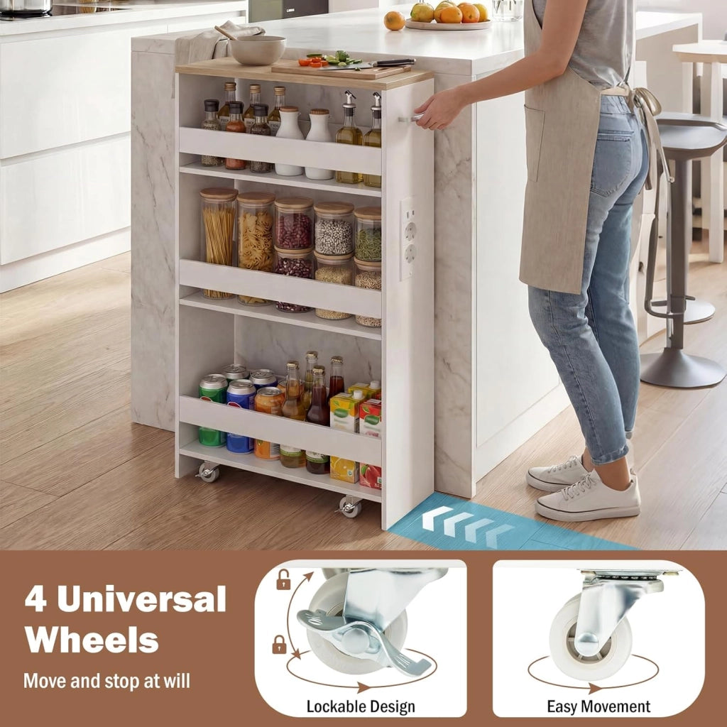 Scaffale per Nicchia da 20 cm di Larghezza, con Base di Ricarica, 4 Piani in Legno su Ruote, Scaffale Sottile per Cucina e Bagno, Carrello a Rotelle (Naturale+Bianco, Largo 20cm, con presa)