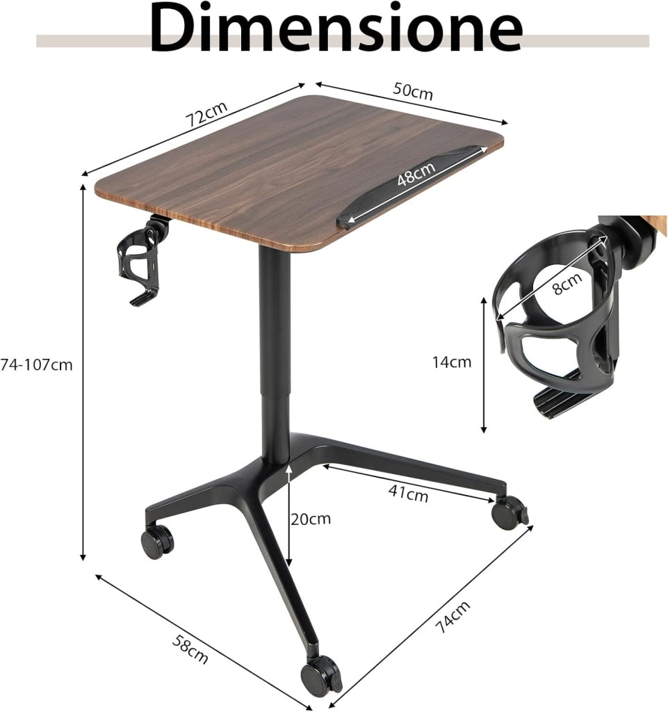 Scrivania Regolabile in Altezza, Tavolino da Letto e Divano Inclinabile con Ruote, Deflettore Anticaduta e Porta Bicchieri, Tavolino per Ufficio e Casa, 72 x 50 x 74-107 cm