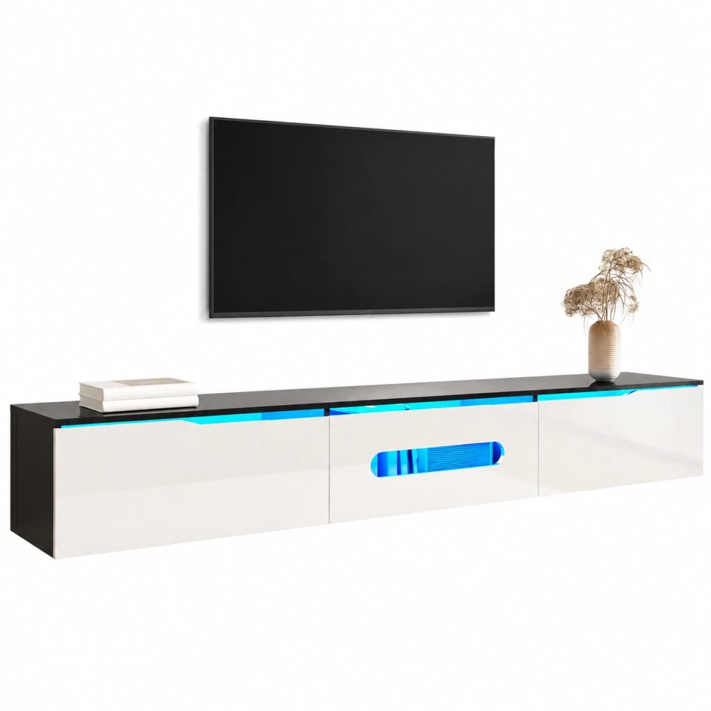 Mobile TV 180x35x30 cm; luci LED a 16 colori e ante ammortizzate; MDF e truciolare; nero bianco