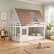 DESMIU Letto a castello 140 × 200 cm 2 posti con tetto, scala e sponda, senza materasso, bianco e marrone