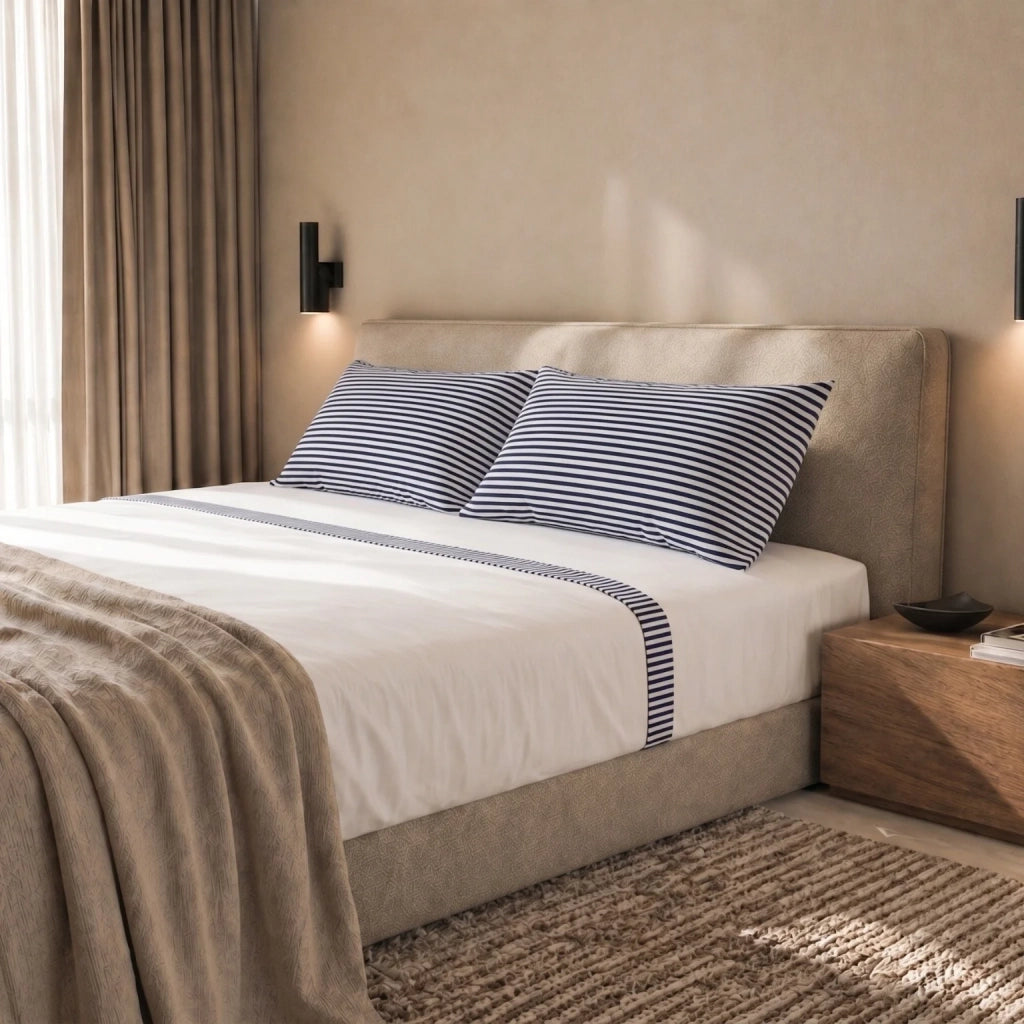 Set Lenzuola Letto Matrimoniale in Puro Cotone | Completo Letto 2 Piazze | Lenzuolo con angoli, Lenzuolo Piano e 2 Federe | Lenzuola in Cotone con Balza a Righe Blu