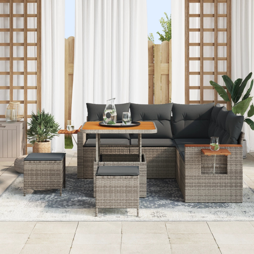 Set Divano Giardino  8 Pezzi con Cuscini Grigio Rattan Polietilene Acacia