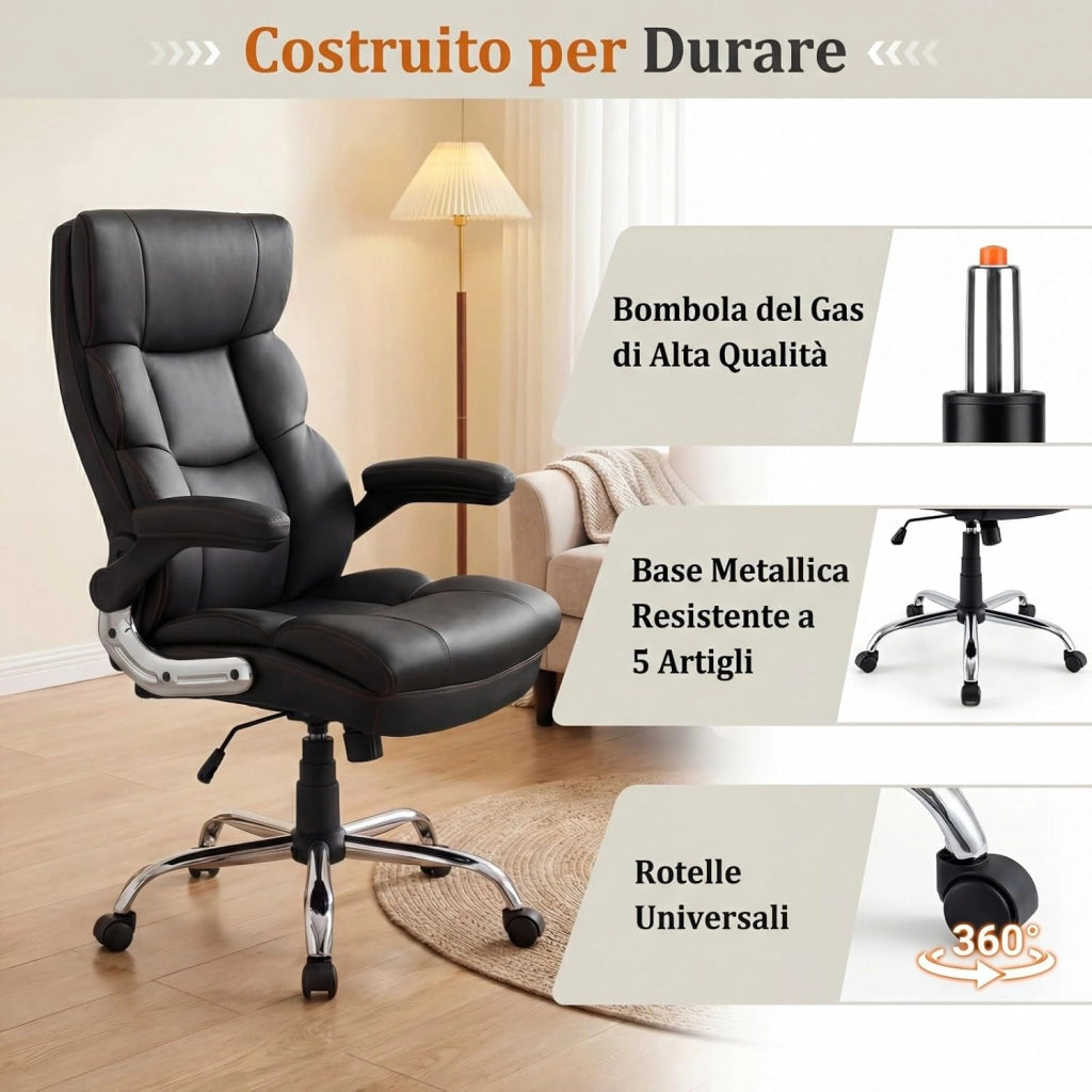 Sedia da Ufficio con Altezza Regolabile, Sedia Ergonomica Girevole per Scrivania, Funzione d’Oscillazione e Braccioli Ribaltabili, per Ufficio Sogiorno, Portata 125 kg