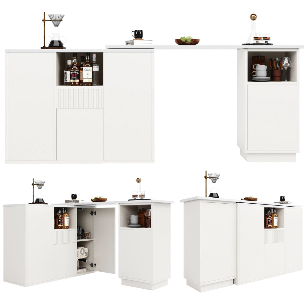 Mobile bar girevole a 360° con piano effetto marmo e vani aperti e chiusi, MDF bianco 210 × 30 × 100,9 cm