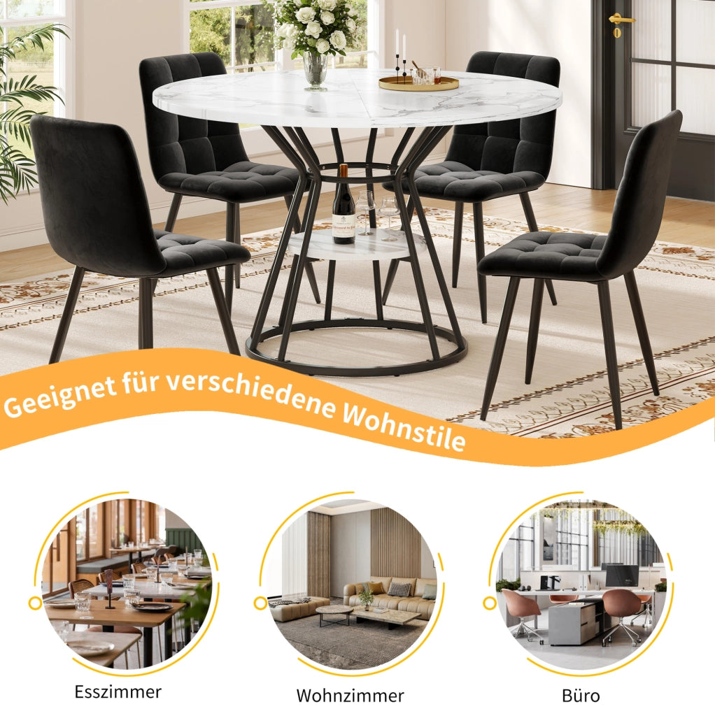 Set tavolo da pranzo con 4 sedie nere, piano effetto marmo 100x100 cm