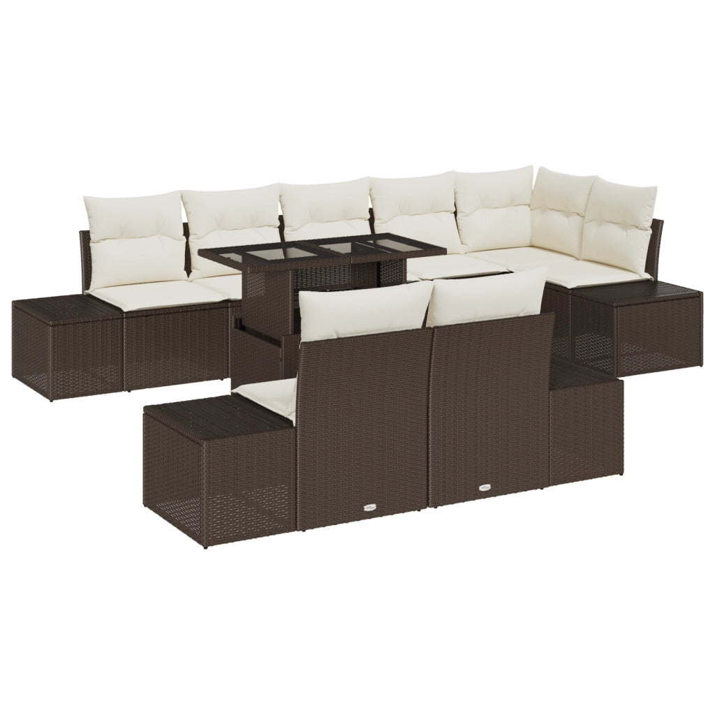 Set da giardino 9 pezzi con cuscini in rattan polietileno marrone