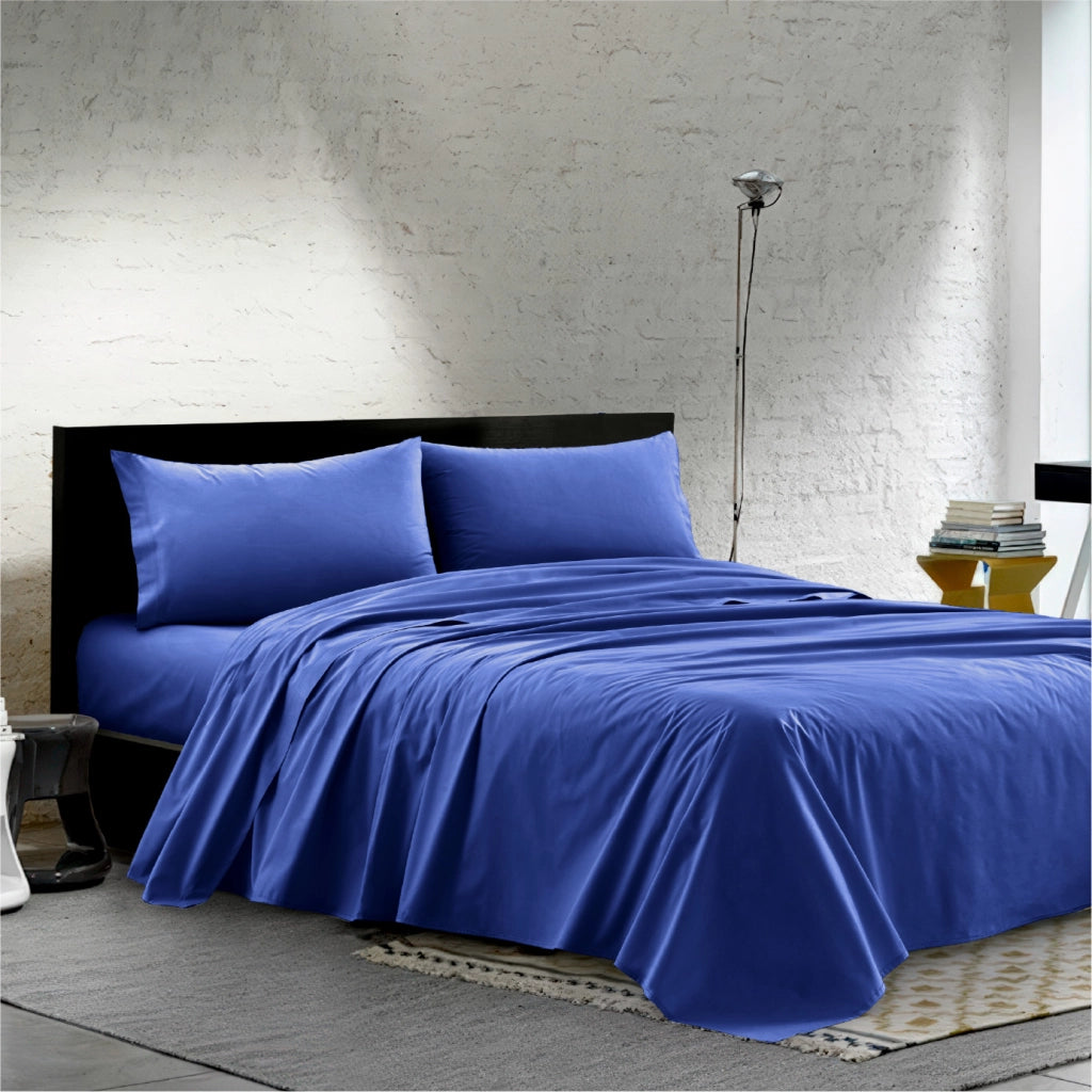 Completo Lenzuola Matrimoniale 100% Cotone Percalle 210 Tc Certificato OEKO-TEX Confezionato in Italia Lenzuolo con Angoli Maxi 30 cm, 2 Federe con Patella Blu